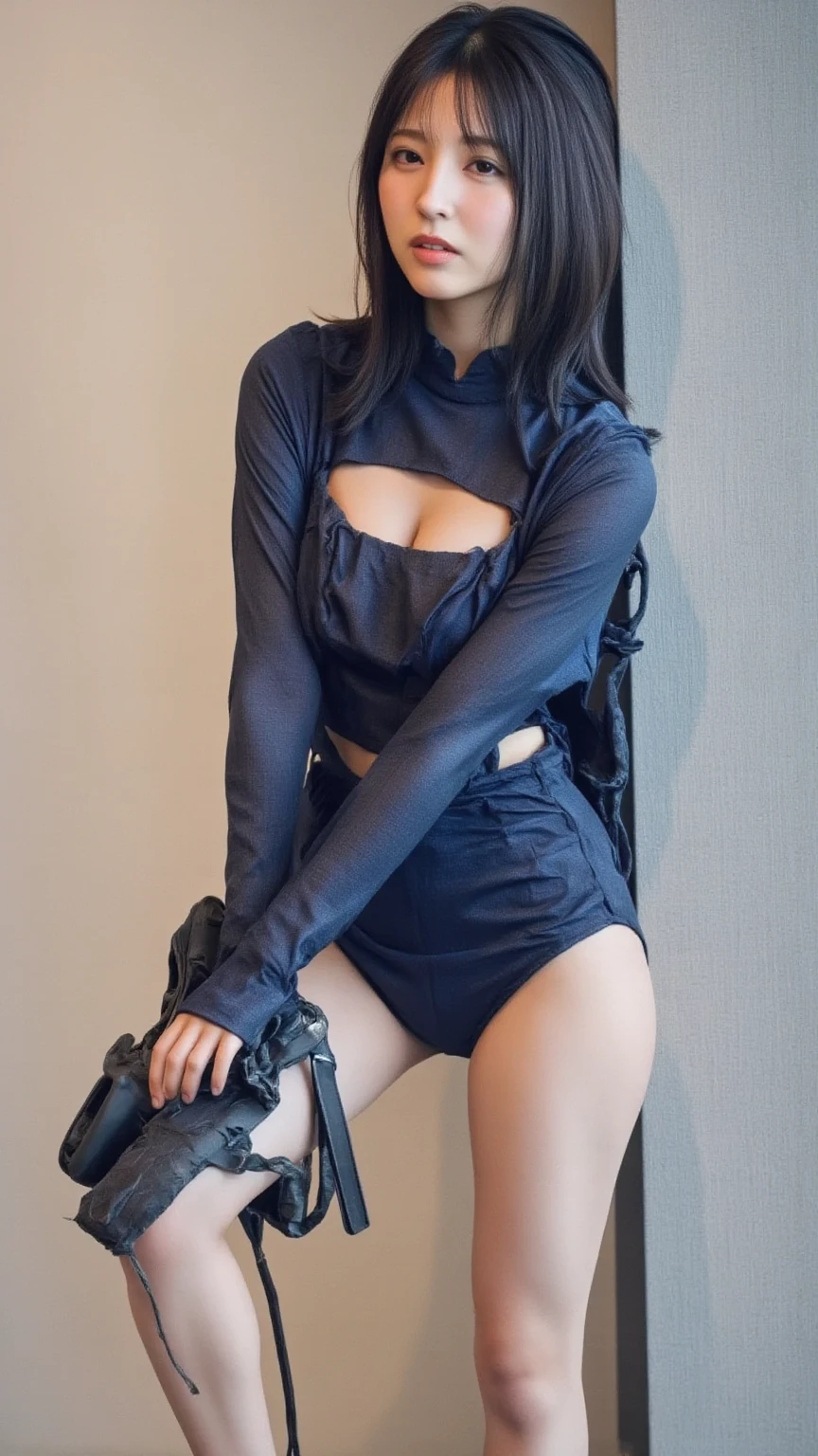 Highest quality masterpiece 8K Ultra-detailed Face Blue short hair White leotard High leg Black belt on chest Black belt under the chest Navy blue oversized hoodie Big Breasts