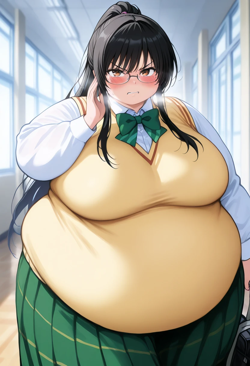 art by kipteitei, 1girl, dark green hair , hair in pony tail, maki zenin from the anime jujutsu kaisen, big plump belly, huge belly, pretty face, nose, lips, beautiful eyes, circle glasses, (best quality, masterpiece, 4k, sharp focus), professional photograph, sharp focus, dramatic, award winning, cinematic lighting, octane render, unreal engine, volumetrics dtx,