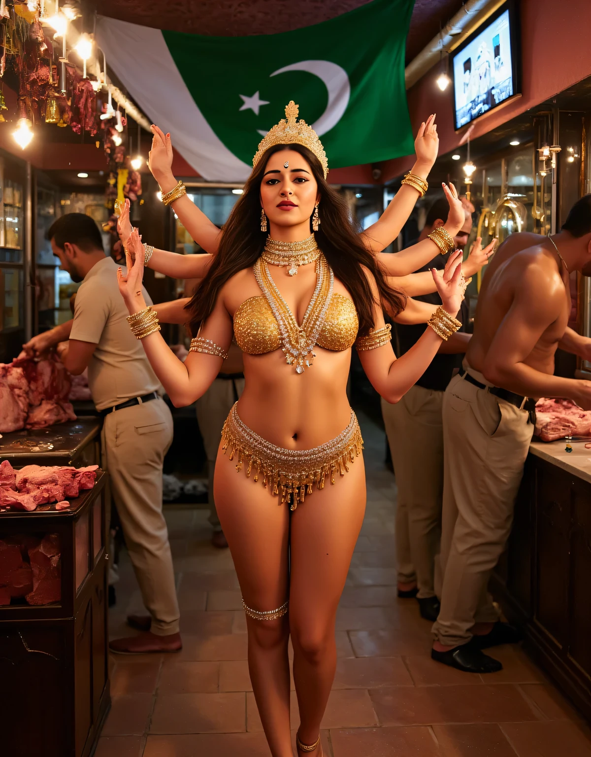 Hindu goddess durga,Golden crowned on head, almost naked lingerie, devi wearing so much jewelry, in Pakistan in a beef shop,in shop muslim mens are cutting beef, Pakistan flag in background,8k