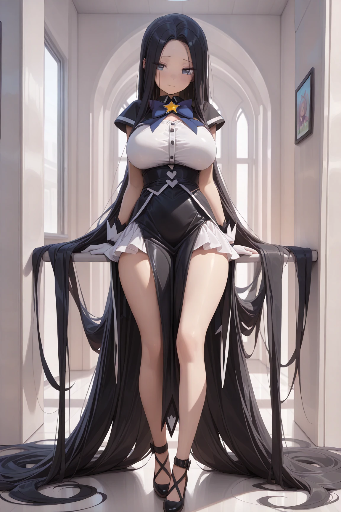 From below, sit, feet up, Black Knee High Socks, thighs thighs thighs thighs, Lace Baby Dress, High image, Super Detail, High resolution, Anime, Manga, Illustration, Intelligent beauty, Laugh mischievously, Happy, Shy, make up, Ecstatic expression, Amorous expression, Seductive look, Flowing layered Messy White Gloss Medium Short Wavy Hair, Glowing blue big eyes, Seductive moist red lips, Large breasts, under the boobs, sideboob barbosa, great proportion, perfectly proportions, slender, Full body, on the bed