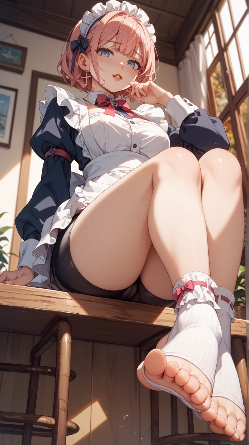 (Masterpiece), Best Quality, ultra-detailed, perfect hands, perfect legs, Delicate eye expression, 1girl (rinko_iori, Sexy, A voluptuous and sexy body, huge breasts, wide hips, dark blue hair, long hair, blue eyes), expressionless,open mouth, Solo, nude, full body,maid(black, ultra mini skirt),maid headdress, skirt lift, Late at night, living room, On a chair, sitting, spread legs,Sexy waist teasing,skirt lift, pussy, cum in pussy, wicked smile