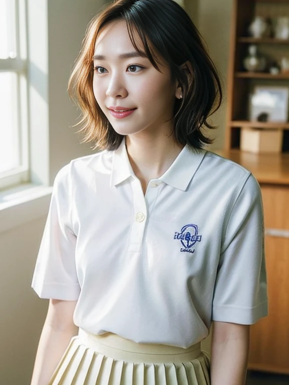 (((Medium Short Hair、Shoulder-length hair:1.4))).((Luxurious navy blue collared navy blue shirt、Standing photo、Medium Hair、服の上からでもわかるBig Breasts、Both hands are in front of the belly button、A photo of panties visible through a short polo shirt、Roll up your shirt with your hands、She is wearing a white polo shirt and luxurious white panties.、:1.4))、In the living room、Cream Hair Color、Her huge breasts are obvious even through her clothes...、Small earrings、Light brown hair color、:1.4))、Shiny Hair、Light beige hair color、Background Blur、Light brown hair、{{Cowgirl Shot}}、((Close-up shot from the waist up、Big Breasts:1.4))、Big Breasts、にっこりsmile、服からでも分かるBig Breasts、Cowboy Shot、素敵なsmile、((Revealing clothing))、Full body photo、ring、Tuck your hair behind one ear、Silver Necklace、smile、Caustics、Highly detailed photos、Big Breasts、Super no makeup、(8K、RAW Photos、Highest quality、masterpiece:1.2)、(Realistic、Realistic)、1 Girl、((Big Breastsショートヘア、Looking into the camera:1.4))、Hair blowing in the wind