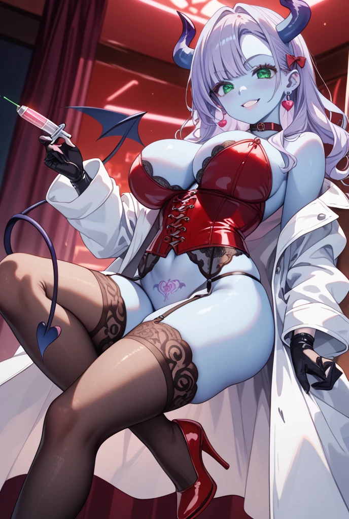 1girl, W \(arknights\), arknights \\\\\ masterpiece, best quality, very aesthetic, absurdres, newest \\\\\\ slim body,///// ,by nyantcha,cutesexyrobutts , by khyle,,////// ,,solo,, , ,,detailed face, , ,, , , , , beautiful face, (white background:1.2), , sexy, , orange eyes, , , rating:nsfw,,big tits,), in the center of the frame,,short hair, ,lingerie garter belt,, black openwork bra, wears a lab coat,, garterbelt