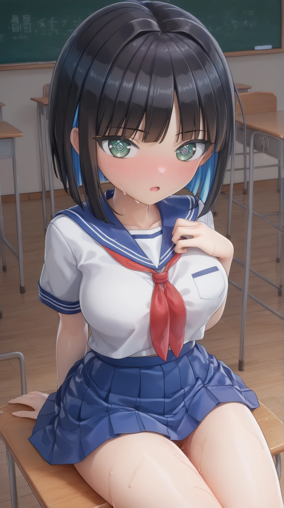 ((PVC:1.5))、masterpiece、Highest Quality、(Beautiful white school uniform with:1.8)、rough breathing、a lot of sweat、beautiful hair、detailed beautiful face、Beautiful Shadows、and open your mouth、(1 girl)、blushes、( Beautiful Fair Skin:1.lender waist 、cute face、big eyes、open your legs、moist eyes、INES 、( cross-shaped pupils )、black hair、short hair、bob cut、dull bangs、colored inner hair、split bangs、(sitting on a chair in the classroom)