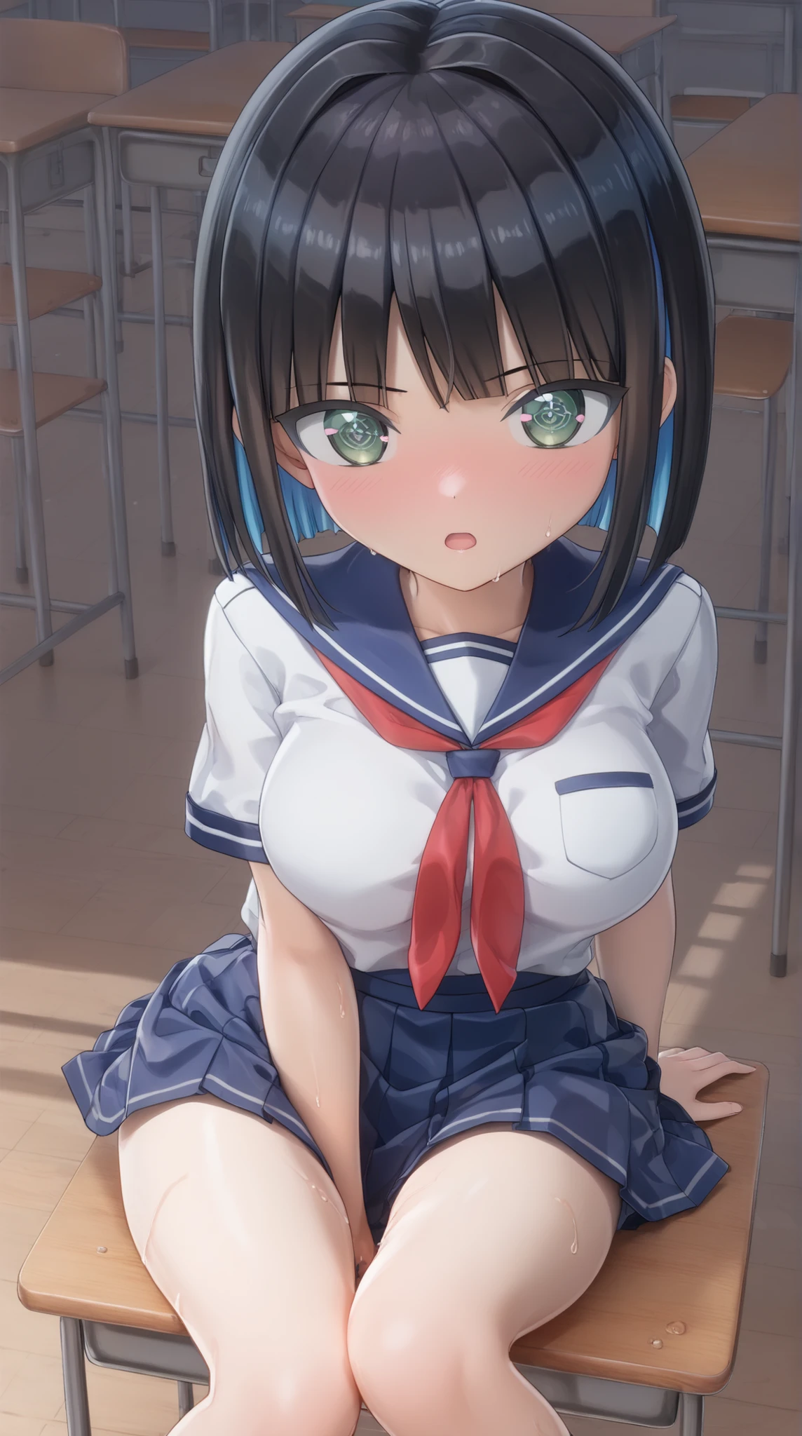 ((PVC:1.5))、masterpiece、Highest Quality、(Beautiful white school uniform with:1.8)、rough breathing、a lot of sweat、beautiful hair、detailed beautiful face、Beautiful Shadows、and open your mouth、(1 girl)、blushes、( Beautiful Fair Skin:1.lender waist 、cute face、big eyes、open your legs、moist eyes、INES 、( cross-shaped pupils )、black hair、short hair、bob cut、dull bangs、colored inner hair、split bangs、(sitting on a chair in the classroom)