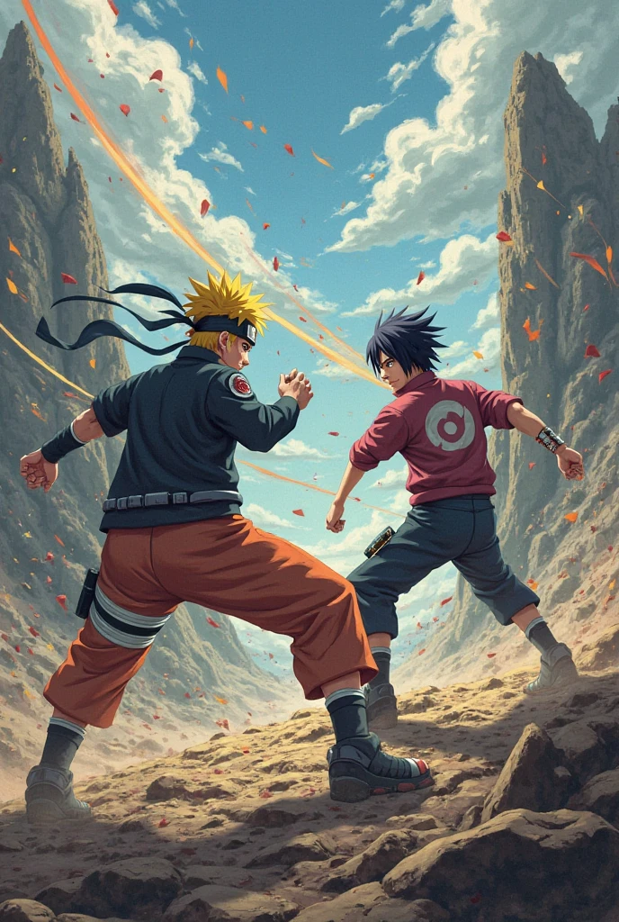 A captivating illustration of Naruto and Sasuke locked in a fierce battle within the dimly lit Fight Club arena. Their muscular bodies are coated in sweat, and blood streaks their taut skin, reflecting the intensity of their confrontation. Naruto's eyes glow with determination as he channels the power of the Nine-Tails, ready to unleash a devastating attack. Sasuke, equally relentless, activates his Sharingan, meticulously anticipating Naruto's every move. The atmosphere crackles with energy as the two shinobi clash, immersing the audience in the chaotic intensity of their duel. The Fight Club's gritty ambiance intensifies their struggle, drawing the audience further into the primal frenzy of their combat. This stunning poster-worthy image is a perfect blend of illustration, photo, cin, poster, photo, graffiti, cinematic, illustration, anime