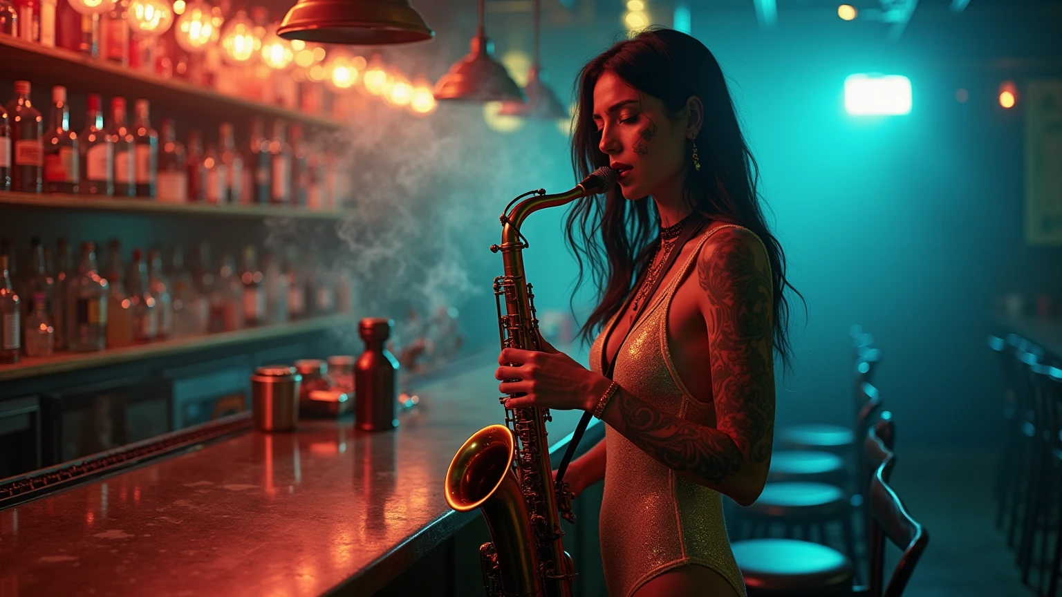 Upper Body,  Female saxophone player, Colorful clothes , Peculiar, Vibrant appearance,  Playful accessories, Creative Action, Imaginative, Sensual, Voluntary, Band members, Mixing Console, Music Clubs, Nightclub, Indie theater, People dancing on the dance floor々Background,  Underground Dance Club,  Highest quality, Skin Texture, Intricate details, (Cinema Lighting), RAW Photos, 8k