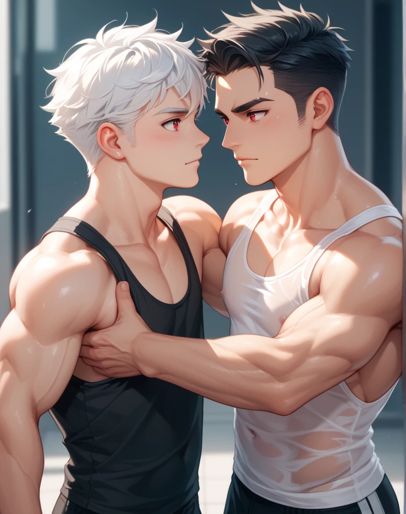 2boys , naked,talking, indoors, (masterpiece, best quality, absurdres), school, classroom, sportswear, looking together, light blush,