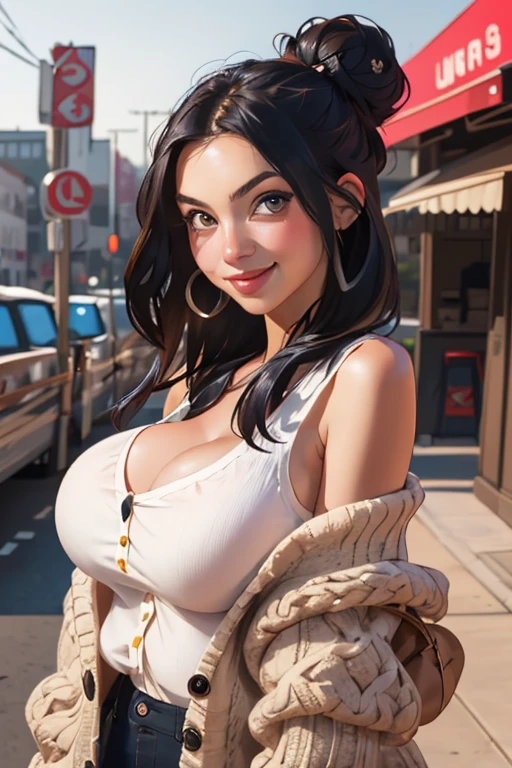(RAW photo), (Realistic), (photo-realistic), ultra high resolution, masterpiece, highest quality, portrait, facial portrait, perfect lighting, detailed lighting, dramatic shadow, ray tracing, 1 Japanese beautiful mature lady, 40 years old, Voluptuous, cleavage, plump body type, symmetrical eyes, beautiful detailed brown eyes, chubby lips, red lips, Super high resolution perfect beautiful teeth, big tits, big ass, big thick thighs, long wavy hair, black hair, earrings, half open mouth, smiling, looking at viewer, (V-neck Sweater:1.2), (Draped skirt), revealing clothing, Japanese street,