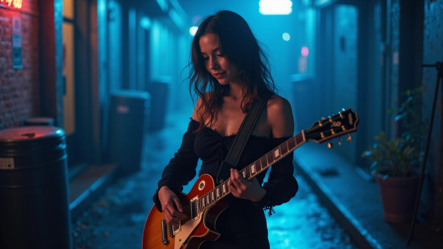 The year is 1973 in London. A beautiful and glamorous 3 white woman who is a glam rock musician is standing in a corner of a street lined with old brick apartments in a back alley of London at midnight, in the rain, holding a vintage Gibson Les Paul. She is wearing a turquoise blue geometric patterned velvet tight zip-up jumpsuit, unzipped up to her belly button, showing off her naked body, and turquoise blue London boots. The photo was taken in a long shot, giving a view of the entire rain-soaked cobblestone back alley. It was an artistic photo lit by a single gas lamp, like the cover of David Bowie's Ziggy Stardust.Full body image from head to toe wide shot,she has a dark brunette One-length Perfectly straight very long hair,Very large, pendulous breasts、Perfect nude proportions of a glamorous mature woman、super realistic mature's body and skin,very huge sagging Breasts,super big cleavage,very glamorous sexy plump figure,Professional photos with great angles and lighting、Long False Eyelashes、Female glam rocker's 1970s flashy makeup、Super Beauty、