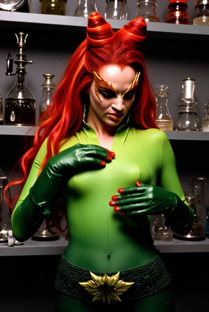 official art, masterpiece, Lorna Dane, Polaris,1girl, solo, makeup, lipstick,  long hair,  breasts, cleavage, bodysuit, cape, green leotard, midriff, portrait, ultra detailed, subsurface scattering,realistic, cosplay, specular highlights <lora:Polaris-10:0.8>