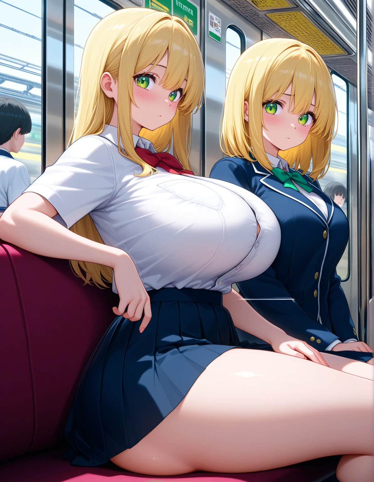 Girl with huge breasts in lace cleavage on public transport