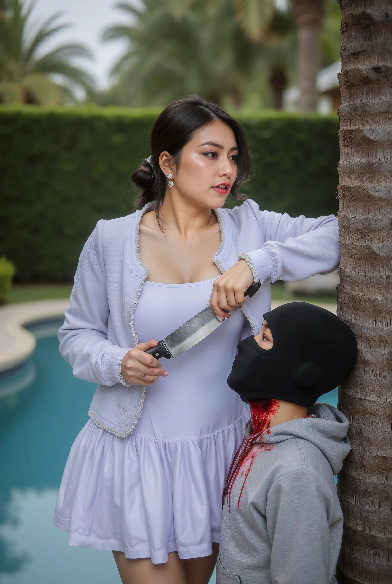Realistic, A Very beautiful woman, boy hoodie, woman kill boy, woman very big , woman slaughters boy neck like a lamb, boy neck is flowing with blood, Luxury pool, woman white dress, woman knife, boy leaning tree, boy dead, boy full face mask