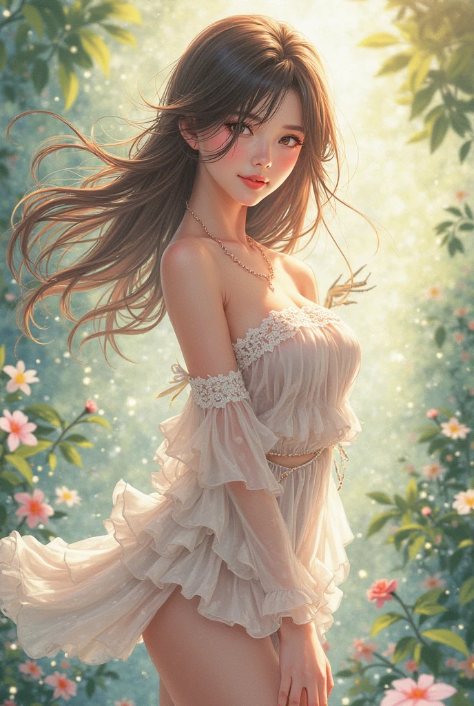 best quality, 1girl, (skindentation), (big breast), (day), bright, blur background, outdoor, (street:0.6), (people, crowds:1), (wavy hair:1.5), (blouse:1.5), gorgeous, (fluttering:1.5), (dynamic pose:0.8), soft light, wind, garden