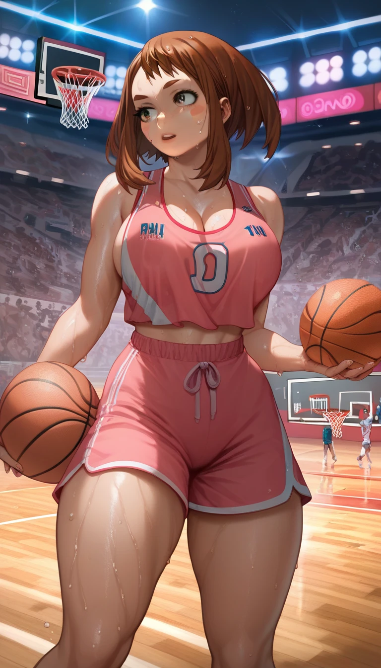 Masterpiece: 1.2, best quality), realistic, (real picture, rich details details, depth of field), (1girl, solo), makeup, cleft lip, high detail, perfect face shape, (big breasts: 1.4), (skindentation), thick thighs, wide buttocks, Thin waist, tall, coral, red lips, red eyes, ponytail, (((((basketball girl, pink basketball suit)))), (sweat: 1.2), (wet), sexy, blush, sweaty