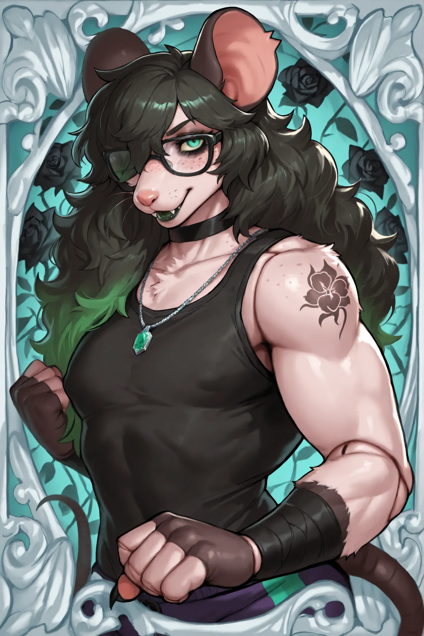 score_9, score_8_up, score_7_up, score_6_up, score_5_up, score_4_up, source_cartoon, rating_safe, by dayo34, 1girl, beauty mark above right eye, large eyelashes, portrait, torso shot, shoulder length hair, hair over left eye, (Mature Voluptuous male furry rat), (Long raven black big curly hair), (Green streaks in hair), (green eyes), (black choker), (black leather bracelets), (Black Rose Tattoo on right shoulder), (Silver necklace with a green jade trinket), (freckles on face), (freckles on shoulder), (Dark Grey lipstick), (rat ears), (black ears, pink inside), (chipped right ear), (white sclera), (rat nose), (rat tail), (anatomically correct rat whiskers), (goth makeup), (plump kissable cupid lips), (half open tired eyes), (glasses), 8k, Persona Art Style, perfect detailed face, Fit upper body, Fit muscular arms, detailed muscles, Tomboy muscle build, detailed eyes, perfect detailed hands, accurate detailed doll joints, detailed thigh doll joints, detailed doll joints, detailed doll neck joint, detailed lips, 80's comics, cute, 80'sアニメーション、score_9, score_8_up, score_7_up, (One) elegant, cute rat-like facial features, anthro, anthropomorphic face, fierce eyes, flat chested, perfect portrait, sharp rat claws, green and black nail polish, artistic style, happy, freckles peppered over body, fangs showing, purple boxing shorts , black crop top, Boxing background, black ears, pink inside ear, highly detailed art style, Large areoles, Puffy Nipples, (peach cream colored fur), breasts so perfect they attract the eye, posing intimidatingly, full body shot, rat feet, beauty mark on upper eyelid of left eye, detailed eyes, butt in Viewer's face, femboy, tall male rat, boxing stance, big butt, wide hips, punching, player select style