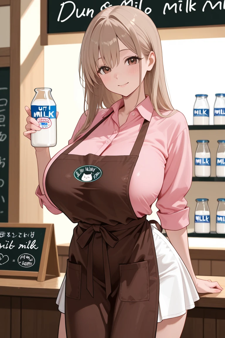 2heads, a very tall skinny woman with 2 heads. Working behind the counter at the register at a coffee shop. Wearing apron with store logo, wearing worker uniform. Cleavage. Mature, milf. Messy long white hair. Thin face, cute face. Smiling. Blushing. Thick eyeliner. Eyeshadow. Baggy eyes. Extremely tall. Freckles, many freckles. Covered in freckles. Big saggy breasts covered in freckles. Huge saggy breasts, hanging breasts. Close up, intimate.