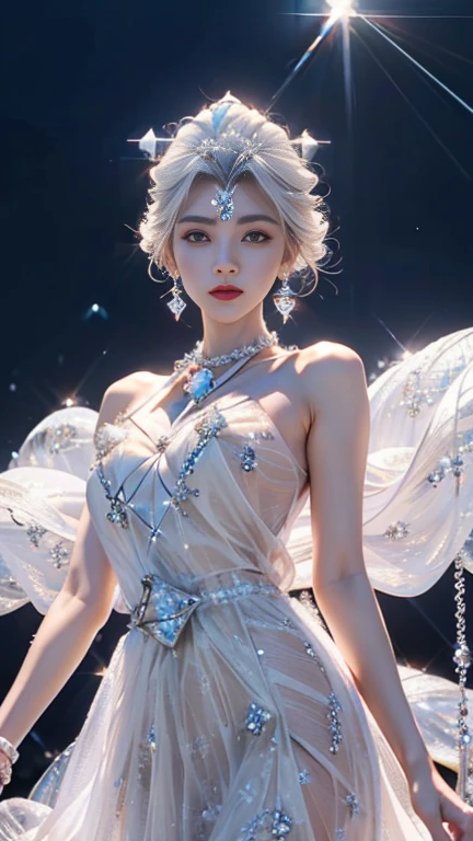 "(Masterpiece, Best Quality, Cinematic Lighting), (Extremely detailed CG Unity 16K wallpaper), Solo, 1 person, ethereal Ice Goddess, (finely detailed true circle Symmetrical eyes), (Eyes that glow icy blue in the dark:1.8), (A pair of deep blue eyes with strong sapphire light emitting from within:1.7), bioluminescence. Her eyes are the focal point, telling tales of ancient frosts and frozen realms. Chiseled features, a delicate face surrounded by frosty, shimmering white hair. In her right hand, she wields an intricate ice scepter, while her left hand conjures a powerful spell, freezing everything in its path. She stands atop a towering ice cliff overlooking a vast frozen kingdom; below, a serene frozen lake mirrors the auroras dancing in the twilight sky. Ancient, gnarled trees made entirely of ice frame her, their branches twinkling with thousands of frozen stars. Ice dragons spiral overhead, their breath crystallizing the air, while ice phoenixes rest gracefully on her shoulders, their feathers shimmering in moonlight. The distant sound of cracking glaciers and whispering winds sings of her power and legacy, creating an ambiance of chilling elegance. Every element of the background amplifies her dominance, showcasing her as the true queen of this icy realm."(Masterpiece, Top Quality, Best, Official Art, Beautiful and Aesthetic, Long Exposure: 1.2), Smooth Movement, Charming Patterns, 1 Girl, (Long Dress with Sleeves: 1.3), (((White Clothes) )), upper body close-up, bare shoulders, Chinese girl, blush, black lob hair, portrait, solo, upper body, looking at the observer, detailed background, detailed face, (crystallineAI, crystalline theme:1.1), elemental wind elves, rotation Wind, control the wind, white crystal clothing, dynamic pose, floating particles, ethereal dynamics, whirlwind, vapor, whirlwind in the background, white tone, whirlwind, ethereal atmosphere,blackpink jennie 