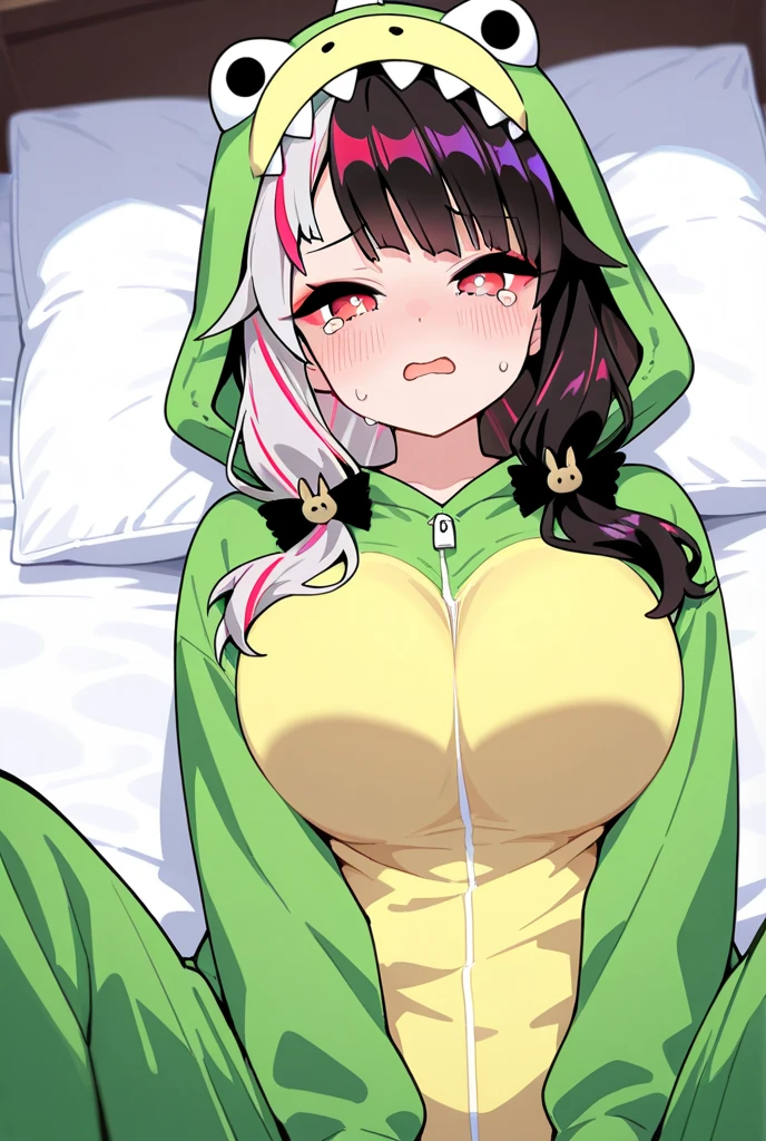 Best quality, masterpiece, lime color hair, black oversized hoodie with watermelon pattern, huge bulging breasts, bedroom, sitting on a bed, sexy, 