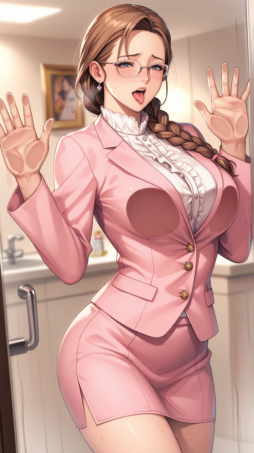 masterpiece, highest quality, Browsing Caution, Upper Body, Are standing, ((One boy),chest grab,(Grab from behind)1.2,((Are standing sex,Sex from behind))), orgasm,, Recall,Grab from behind,chest grab,
, Ayumi_arima,Long Hair,brown hair,25-year-old woman,big_chest, Single Pigtail,Pink Lip, Glasses,brown suit,1 braid, show)),perfection
