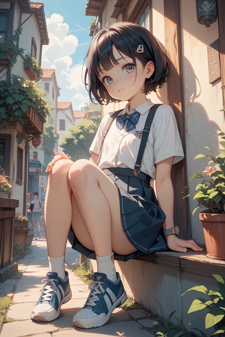 very cute and beautiful girl,(Very detailed美しい顔), (smile),blush,Black Hair,Seraphim,(White Shirt、Pleated navy blue pread your legs、Squat)、Sitting、(From below)、(Lacy white panties), Country road、Distant Tree々and the city, (Highest quality,masterpiece:1.0),Absurd,High resolution,Super detailed,Very detailed,32K,8k resolution, Intricate details,Movie Scenes,Detailed Background,alone,Dynamic Angle,