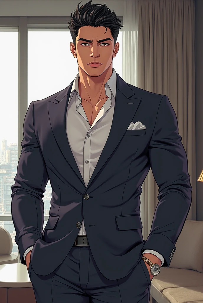 Drawing of a young Chad, Dark blue suit, White shirt,Pants, Looking at the camera, male,Silver short hair,Blue Eyeuscle,bodyguard