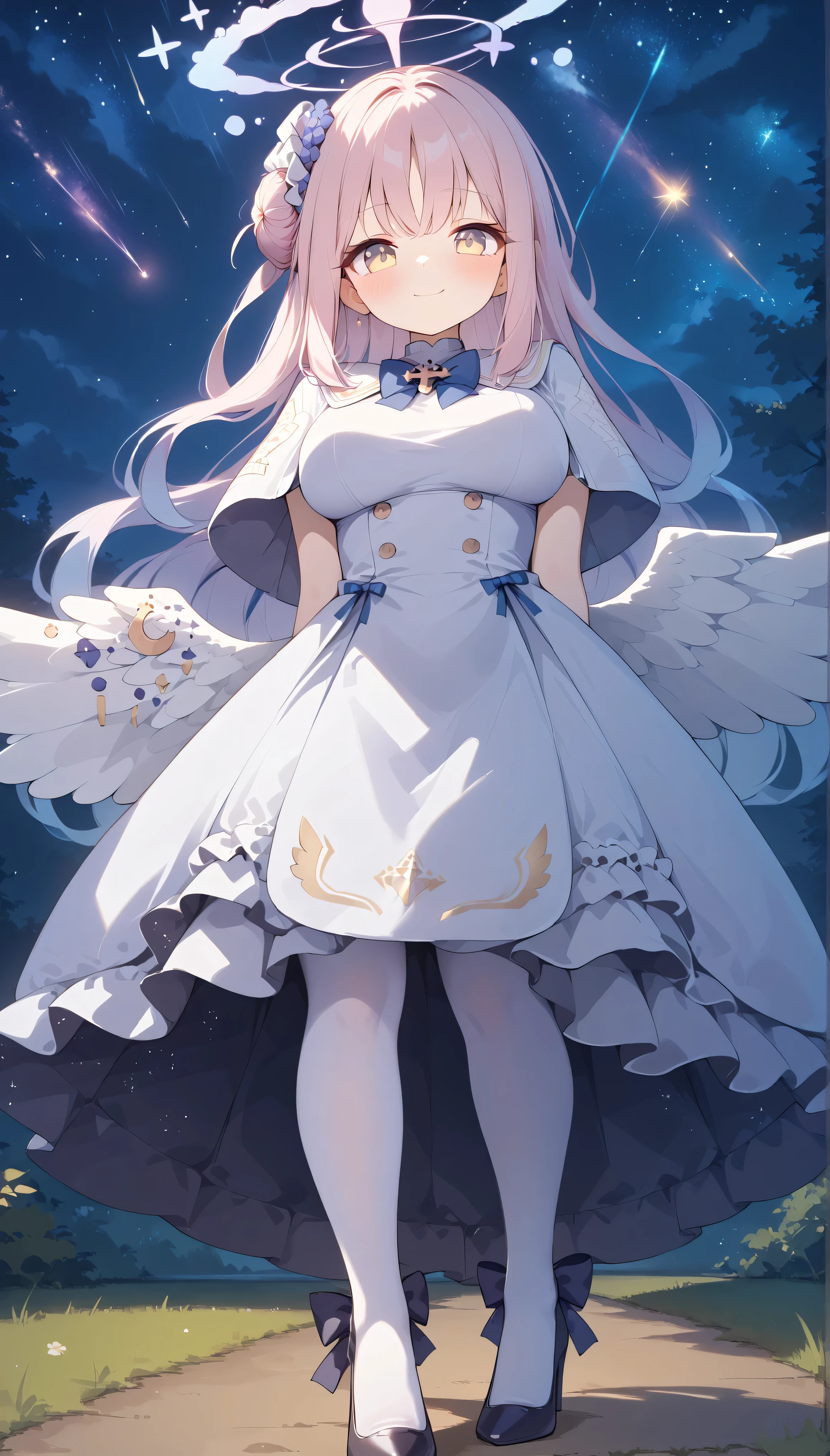 mika (blue archive),yellow eyes,single hair bun,pink hair,long hair,wings,halo,large breasts,　white dress,capelet,wings,white pantyhose,high heels,　solo, I can see my eyebrows from the inside of my hair, hair between eyes,　 is embarrassing, masterpiece, Best Quality, very aesthetic, thick thighs, Wide pelvis, arms behind back, from below, standing, smile, outdoor, shooting star, night, milkyway,　blush,　cowboy shot, closed mouth,