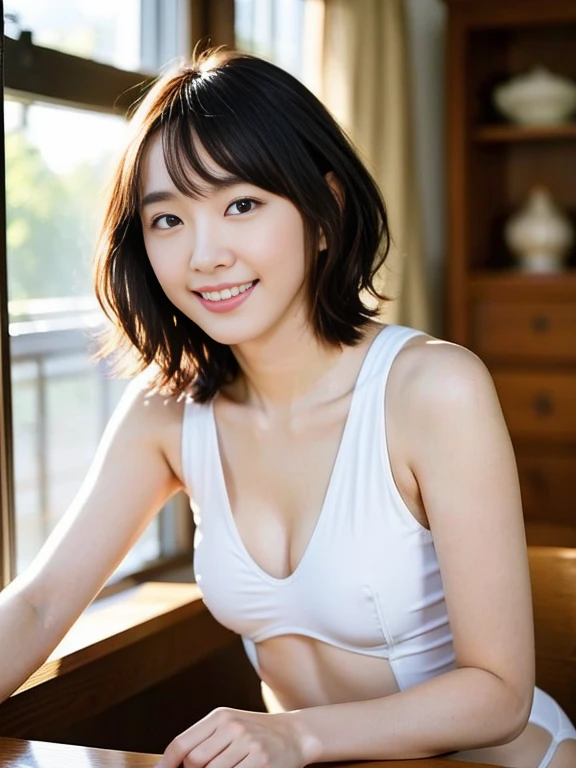 ((8k, RAW photos, highest quality)), (realistic photos: 1.5), (detailed photos: 1.5), (Japan people), (1 person), (40 years old), (smile), (tanuki face), (white underwear: 1.5), (legs spread out, 1.9), (double eyes), (sagging eyes: 1.5), (well-formed eyebrows), (light makeup), (short hair: 1.5), (straight hair), (brown hair), ( Moderately sized milk)