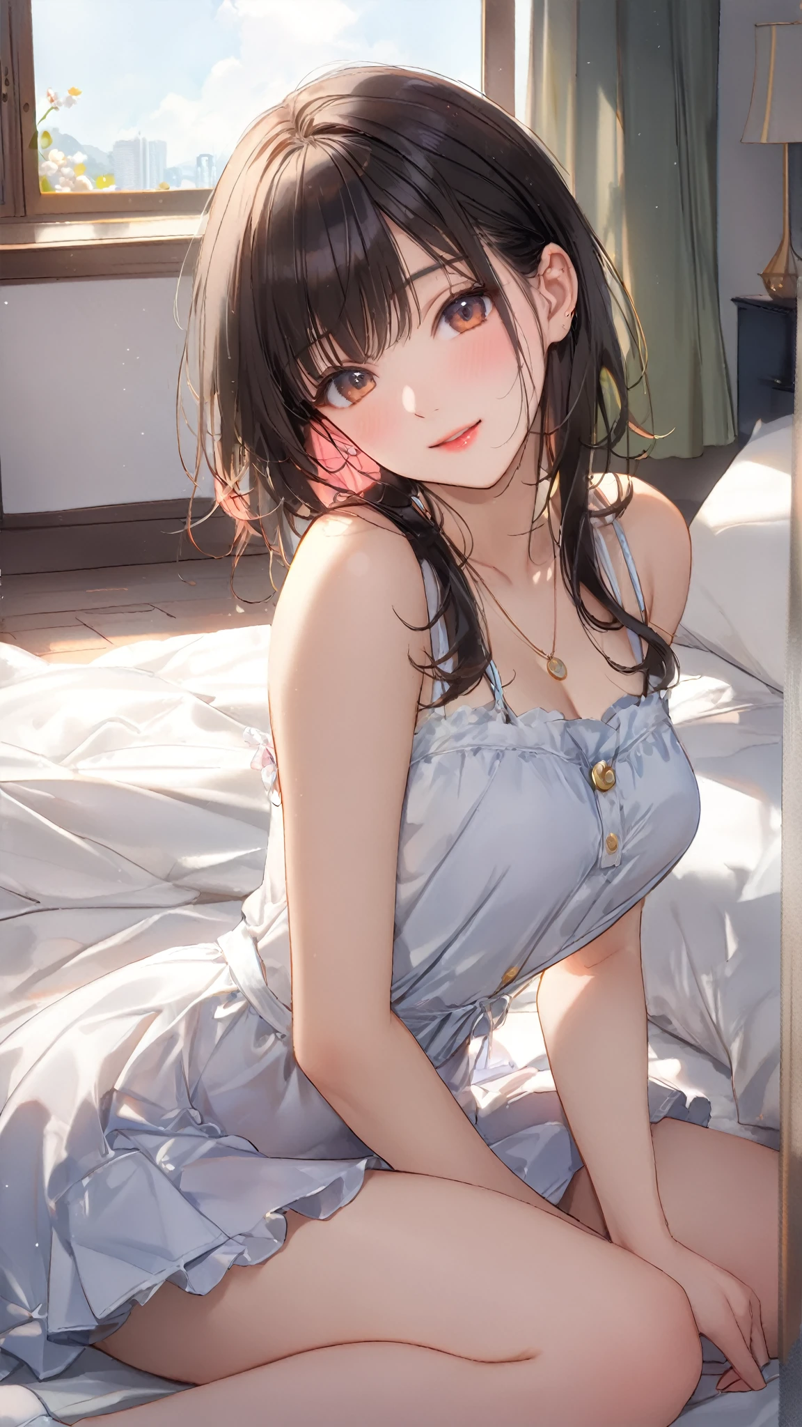 (Extremely detailed CG、8k wallpaper)、(とても繊細でBeautiful girl)、(), (masterpiece)、(Highest quality:1.0)、(超High resolution:1.0)、Beautiful lighting、Realistic Shadows、[High resolution]、Detailed skin、Very detailed、Detailed face and eyes、Realistic eyes、Sit on the bed、take a nap、ベッドでtake a nap、Brown Hair、Bright room、(Bedroom), White shirt、(I can see her cleavage), White Skirt、Slender body, (Small breasts, Beautiful body lines), The light shines on the girl、Relaxed time、Beautiful girl、Innocent Girl, The way she looks at the camera is cute