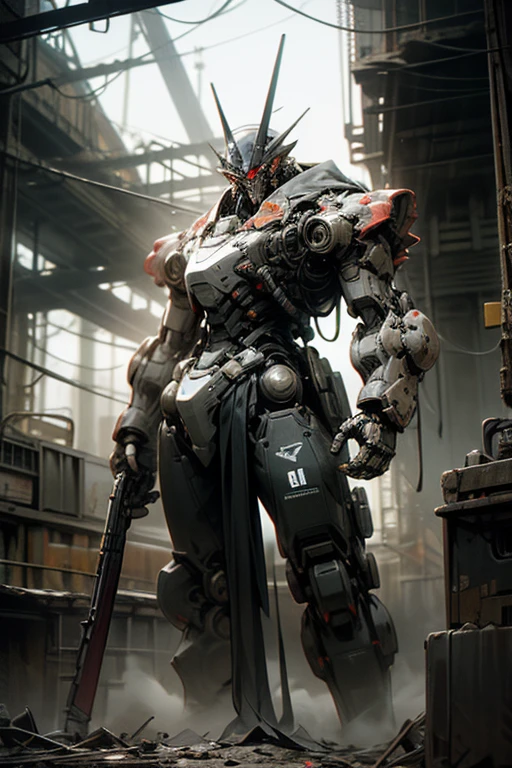 blockbuster，tmasterpiece，super detailing，Dark_Fantasy,Cyberpunk,(chain saw,chain saw man,Red:1.1),1man,Mechanical marvel,Robotic presence,Cybernetic guardian,wearing a worn-out mech suit，iintricate，（Steel metal[rusted]），ellegance，Clear focus，Photo by Greg Rutkowski，gentlesoftlighting，vivd colour，tmasterpiece，（（the street）），cow boy shot，dynamicposes，8K，Wallpapers，超高分辨率