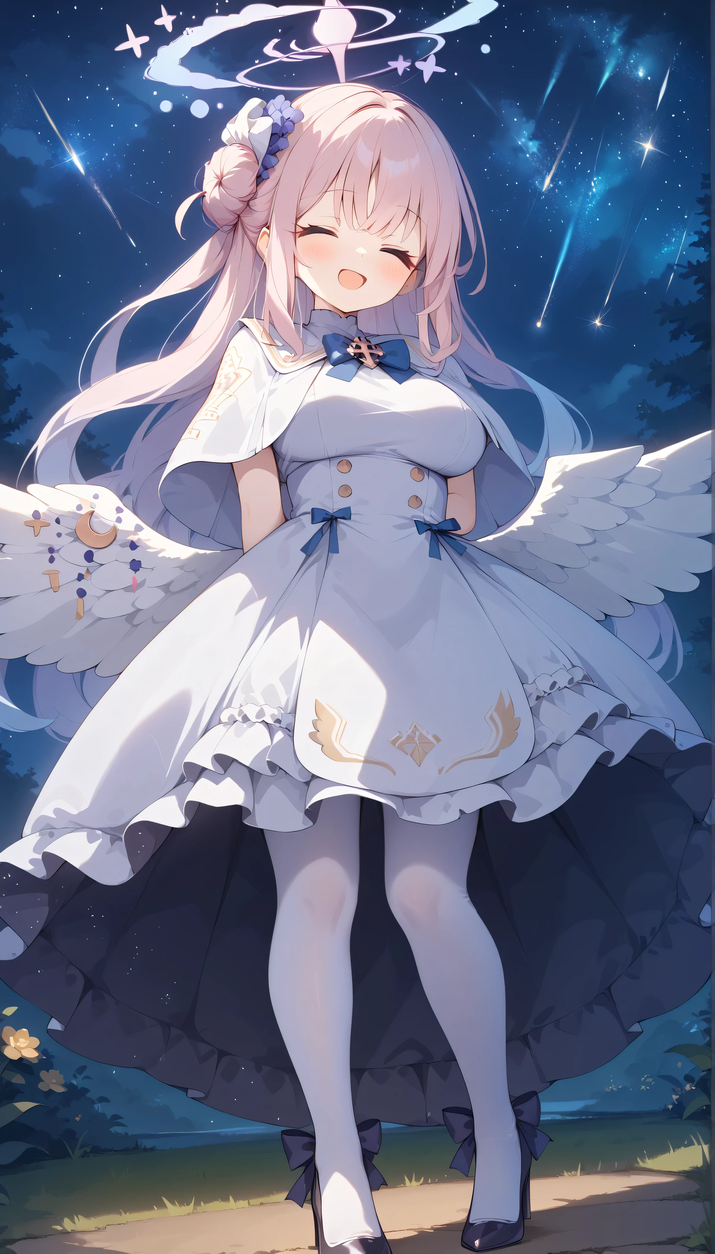 mika (blue archive),closed eyes,single hair bun,pink hair,long hair,wings,halo,large breasts,　white dress,capelet,wings,white pantyhose,high heels,　solo, I can see my eyebrows from the inside of my hair, hair between eyes,　 is embarrassing, masterpiece, Best Quality, very aesthetic, thick thighs, Wide pelvis, arms behind back, from below, standing, smile, outdoor, shooting star, night, milkyway, blush, cowboy shot, open mouth,