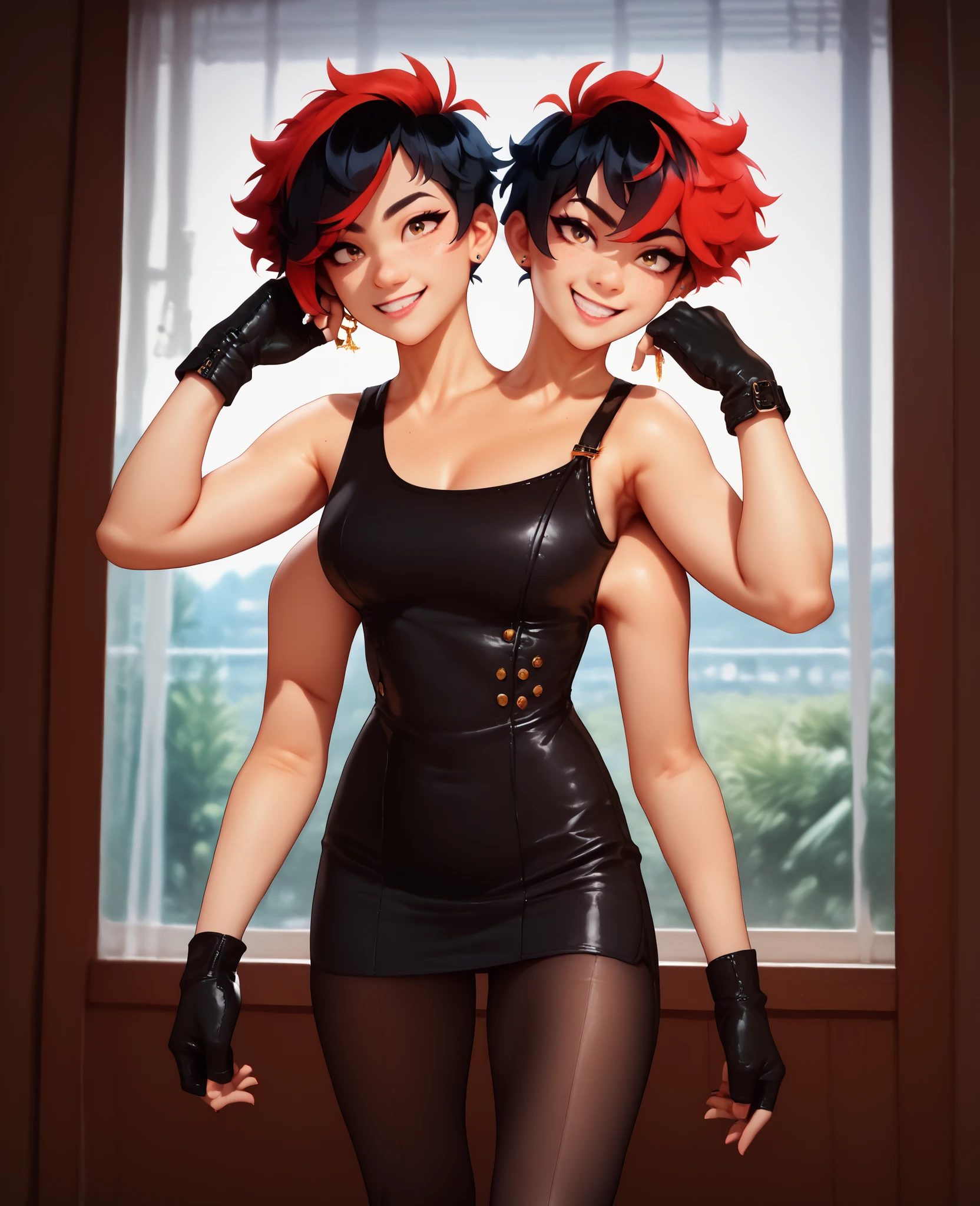 best resolution,anime woman with two heads, gold eyes, different hair colors, red hair, black hair, different hairstyles, different hair-lengths, short hair, long hair, pixie hair, straight hair, hair down, k pop dress, tomboy, nerd, slim build, one shoulder bare, tight leggings, gloves, high leather bootschokers,four arms