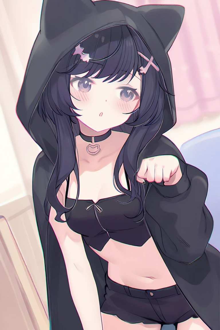 1 girl, , UHD, retina, masterpiece, Accurate, anatomically correct, rough skin, Super detailed, advanced details, high quality, Award history, 最high quality, High resolution, hd, 4k,(anime,8K,masterpiece, 最high quality, 最high quality,beautiful and aesthetic:1.2,professional illustration:1.1,Super detailed:1.3,perfect lighting),very detailed,most detailed,High resolution,cute pose,(black hair:1.5),wince,(looking down from above:1.5), (bear ears hoodie:1.5),(put on the hood:1.9),(Brown Parker:1.9),Impish Smile,(hairpin:1.9),(dull bangs:1.5),(purple eyes:1.5),(small breasts),wince, Red bow bra,white bra,white panties,(open clothes:1.5),bed,topless,embarrassed,open your legs,bottomless,upward glance