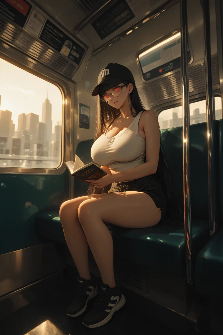 1 beautiful woman, large body, made-up face, military shirt, neckline, glasses, FINGERS CROSSED, shot from above, top angle perspective, short jean shorts, brown bag, big nails, made-up eyelids, outlined eyelids, asleep lying on a bus, Head resting on the seat, eyes closed, MOUTH OPEN WIDE.