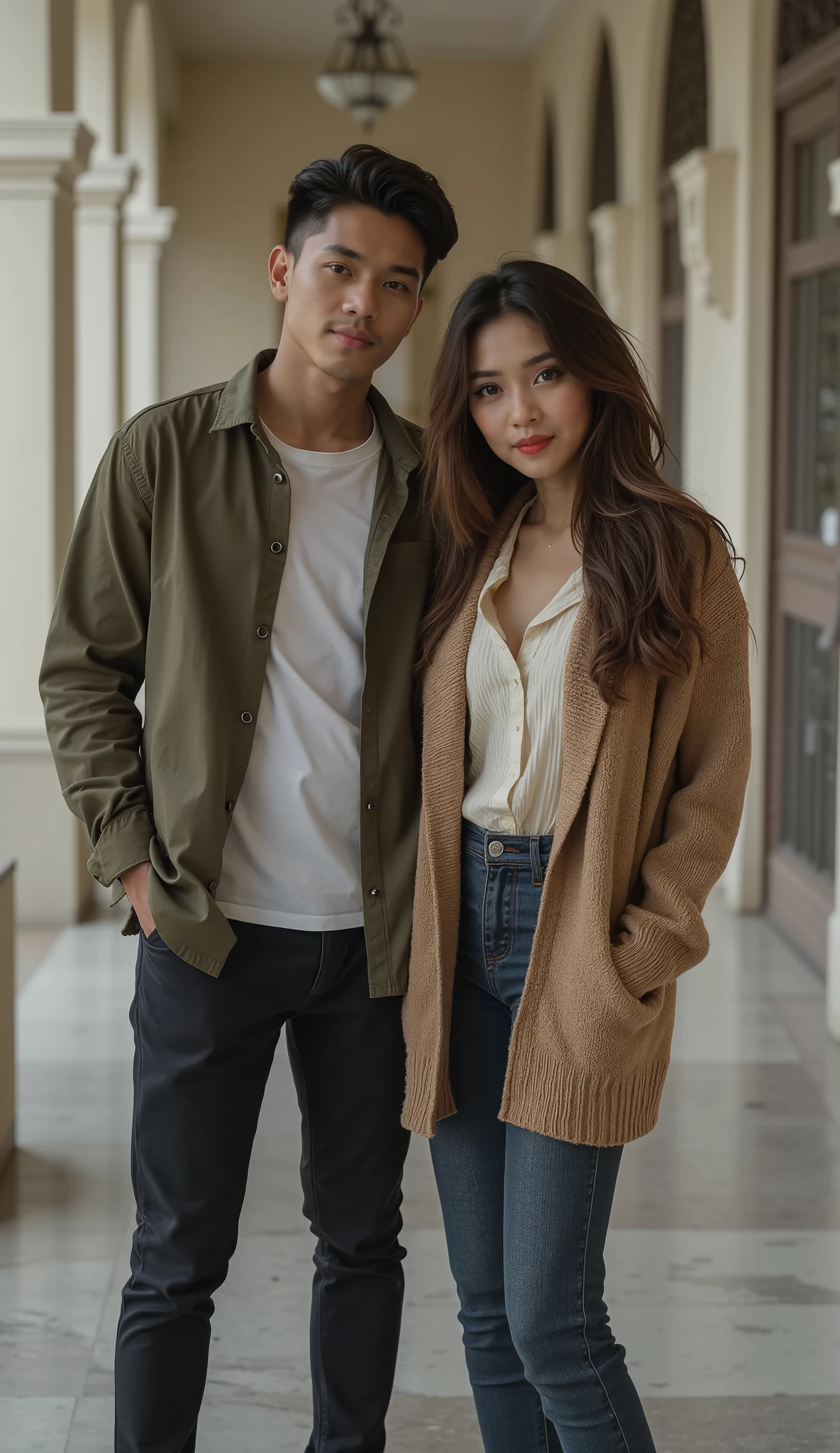 an Indonesian man and an Indonesian woman standing next to each other, an image, inspired by Adam Dario Keel, which is trending in the cg community, a handsome young Indonesian man with a beautiful young Indonesian woman with tangled hair, a man dressed in a shirt with shoes and a woman dressed in a cardigan with shirt and skinny jeans and heels. singer, movie screencap, model elisajes from acquamodels