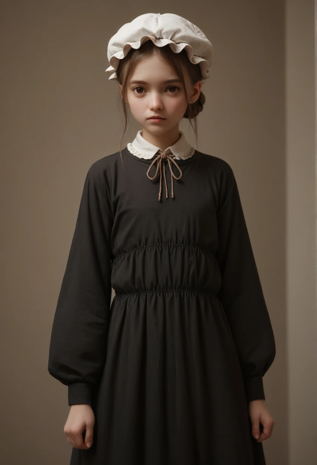 Jeune aux longs cheveux bruns et aux yeux verts pétillants. Elle porte une robe à fleurs violette avec des bottines marron qui rentre dans une cabane poussiéreux au mieux du forêt