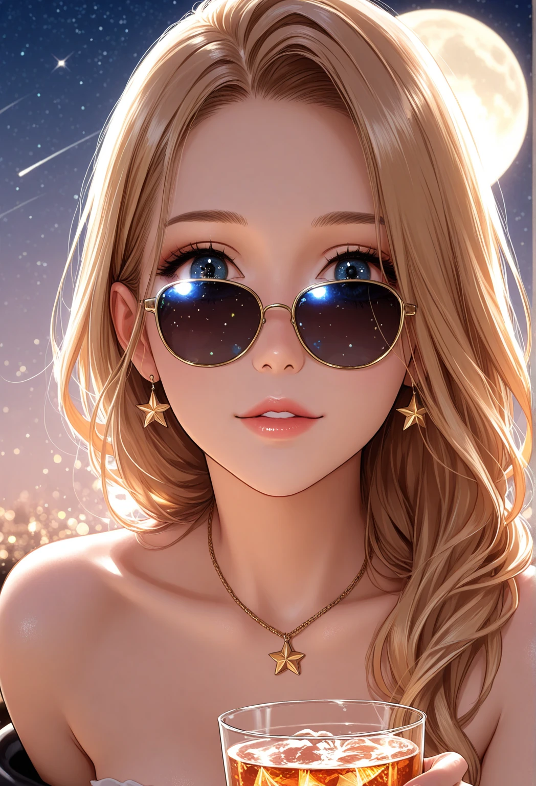 cleavage, Pretty woman, da_top, Close -up, crop top, detailed face, Top tank corpus luteum, hair, park, sky, trees, pale skin, moonlight, stars, 1girl, Distinctive sunglasses, Big breasts ,young, bright colours, Bokeh background, Subject to confirmation,Dramatic colors , It's realistic.., 巨作, Best Quality, nsfw