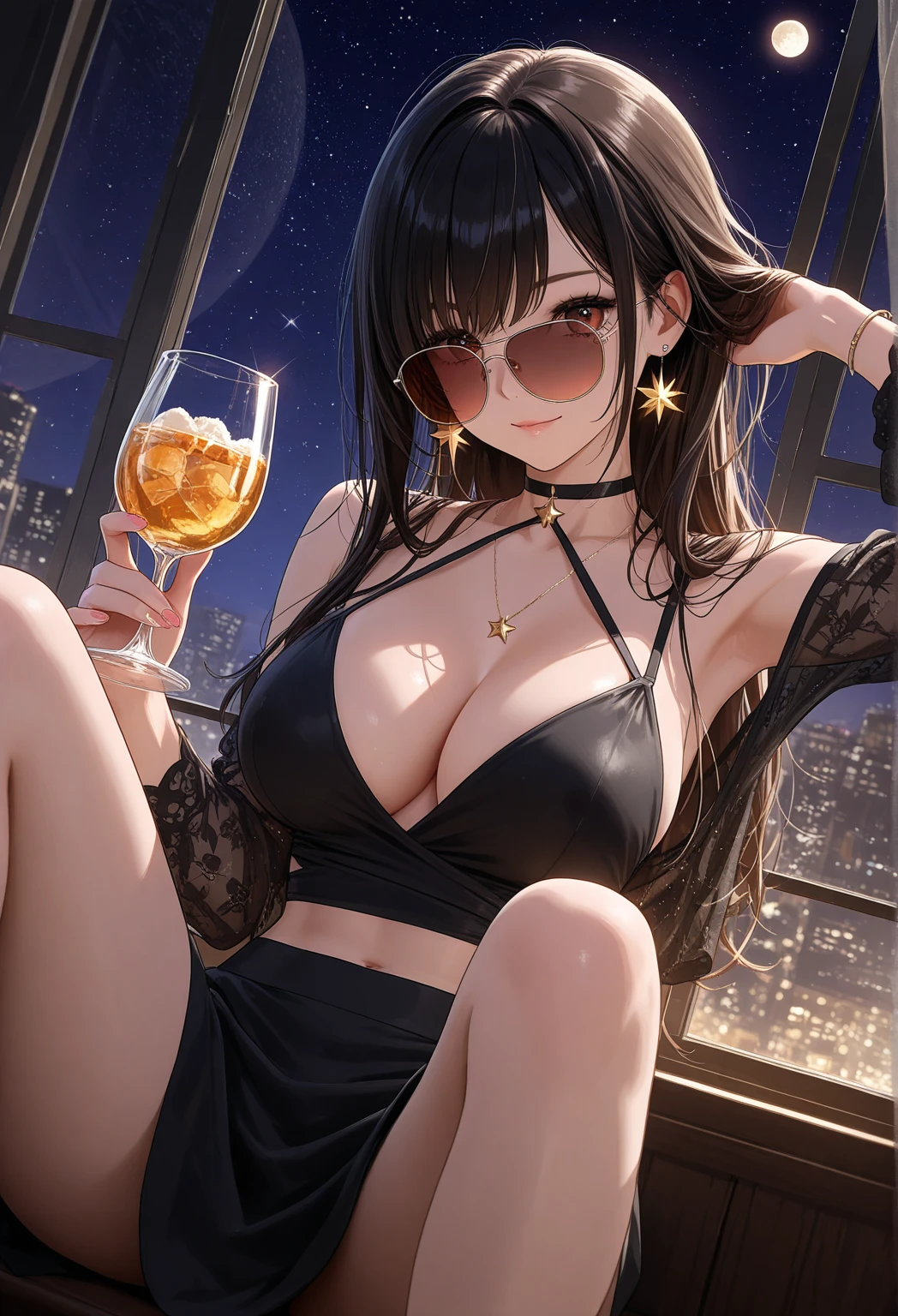 ((taking relaxed bath sit inside jacuzzi))((Sexy, tall beautiful supermodel)) ((Big bright blue eyes)) ((dark eyeshadows make up)) ((wet skin, wet hair)) ((bright red lipstick)), ((happy smile)) ((very long messy black hair, with bangs covering one eye)) ((big breasts:1.6)) ((slender body:1.3)) ((full nude, bare body, showing pussy and nipples)) ((choker)) ((penthouse balcony at night)), ((city skycrappers has background)) ((drinking a glass of champagne)) ((high definition:1.5), ((low intencity lights)) ((masterpiece:1.5))((8k:1.5)) ((Best quality:1.4))