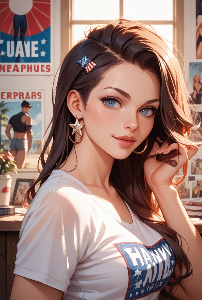 Book cover, a beautiful girl, longe dark hair, brown eyes, dressing a cheerleader outfit, huging a attractive man, in sheriff clothes, fog, fullmoon, a shadow of a wolf in the back, photorealistc, cinematic, ultra detailed, dramatic lighting.