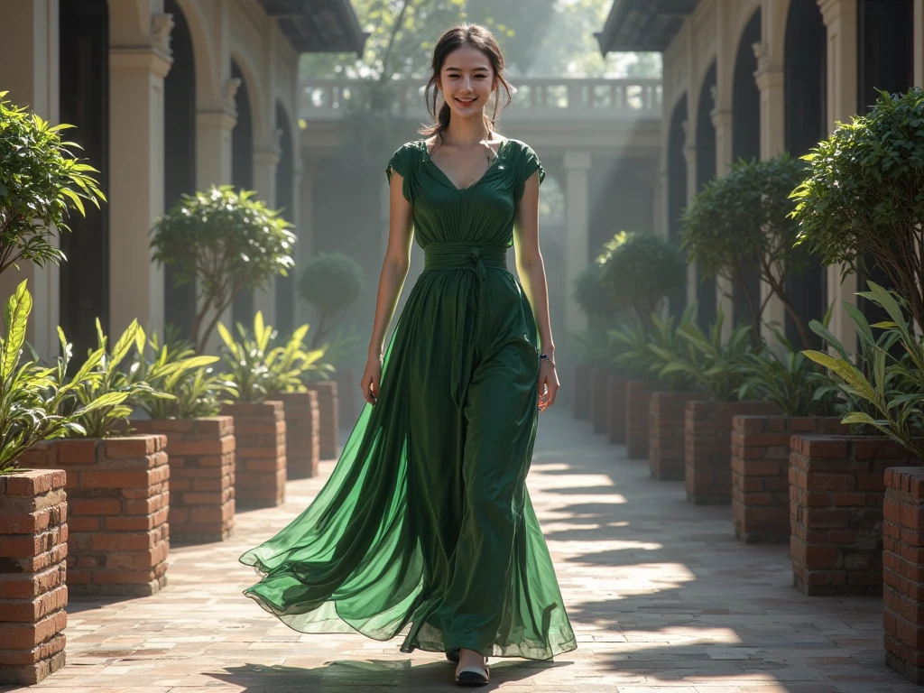 A beautiful girl in an open evening dress runs from a crocodile.