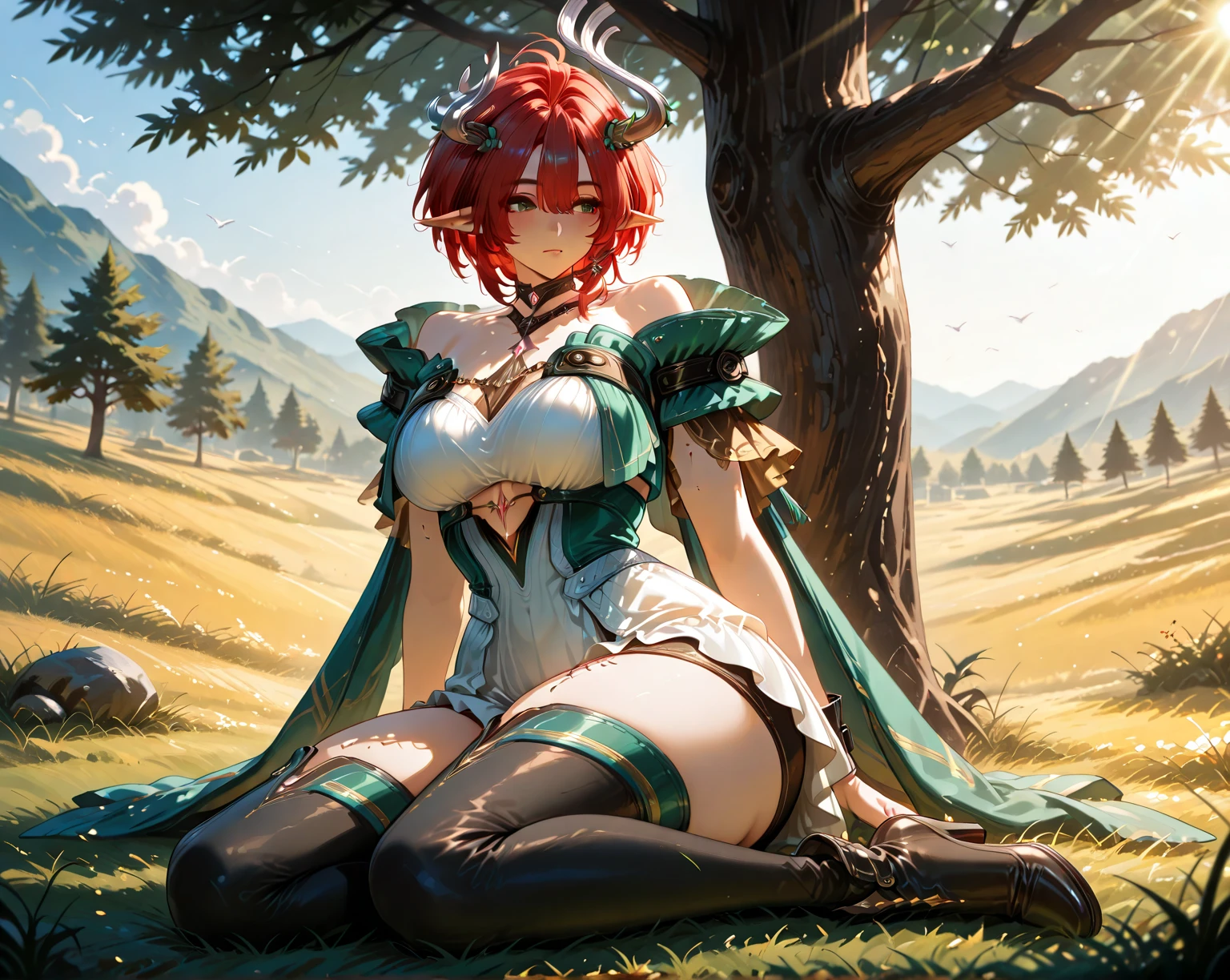Masterpiece, Top Quality, Anime, Perfect Lighting, Elaborate Eyes, Elaborate Face, Elaborate Background, Good Hands, Full Body, One Girl, (Coral Coast), Coordinated Posture, Detailed Hands, (Skindentation: 1.3), (Realistic Face: 1.2), (8K), (4K), Detailed Eyes, Fantasy, Very Elaborate, Detachable Sleeves, Red Hair, Shorts, Women's Hairstyles, Masterpieces, Top Quality, Anime, Perfect Lighting, Fine Eyes, Detailed Face, Elaborate Background, Nice Hands, One Girl, Bangs, (White Bra, Calluses), (Watching Viewer, Upper Body, Solo Focus, Portrait, Cleavage, Big Breasts, Necklace, Bikini Top, Bikini Bottom), Arm Back, Bottomless, Micro Panties, Topless, Crop Legs