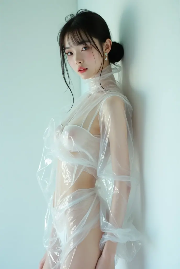 araffed asian woman in a white shirt posing in a bathtub, young sensual gravure idol, young pretty gravure idol, covered in transparent cloth, wearing translucent sheet, young gravure idol, young skinny gravure idol, wearing a wet white short dress, wet shirt, japanese model, realistic young gravure idol, in white clothes, draped in transparent cloth