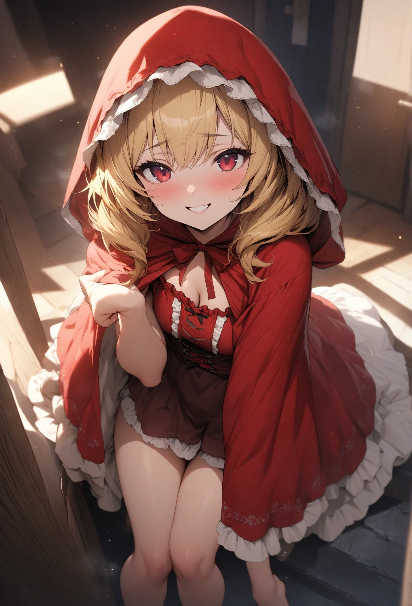 ((Highest quality)), (become close),Perfect Face,First Person View,Overlooking,(Trance),(((Hollow Eyes))),(((Heart-shaped pupils))),Grinning,(orgasm),((sexual excitement)),(((Get closer to someone))),indoor,Hut,One girl,Blonde,Bob Hair,(Little Red Riding Hood),(Red Cloakroom),Retro,Gothic,Frills,Drawers,crinoline,Fine details,((Thick legs)),Plump,(White skin)