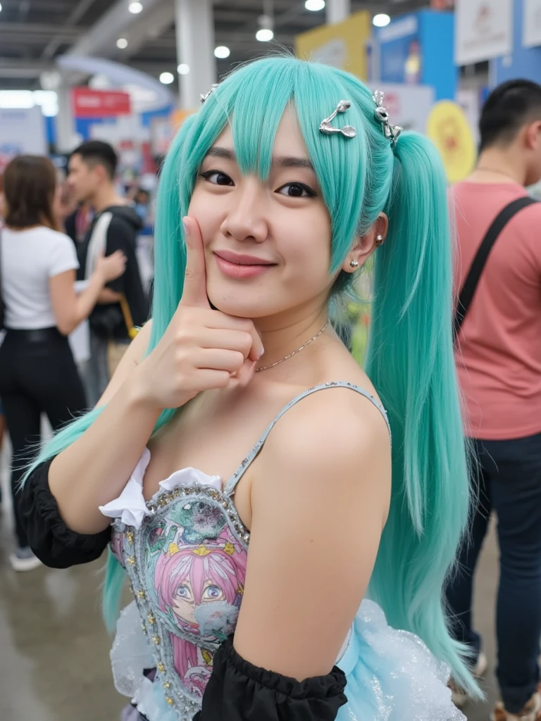 Generate an image of a cheerful and cute young woman, who is passionate about cosplay. She is Indonesian. She should be in a vibrant, she likes K-Pop inspired outfits. Her setting should be colorful and playful, reflecting her love for cosplay and her energetic, optimistic personality.