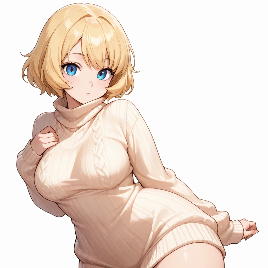 cutesexyrobutts style, realistic, 1girl, arcueid_brunestud, solo, pantyhose, blonde_hair, skirt, red_eyes, sweater, turtleneck, short_hair, breasts, white_sweater, jewelry, blush, black_pantyhose, looking_at_viewer, turtleneck_sweater, necklace, hair_intakes, kneeling, long_sleeves, large_breasts, blue_skirt, white_background, pleated_skirt, bangs, smile, simple_background, miniskirt, closed_mouth, antenna_hair, no_shoes, full_body