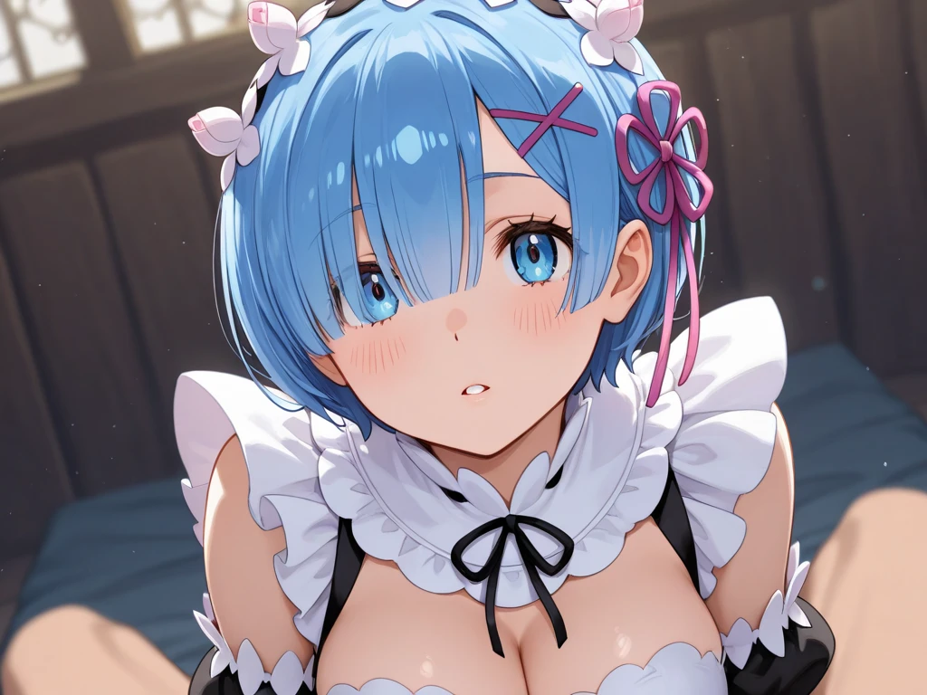 (masterpiece:1.2), hyper detail, best quality, (intricate_details:1.1), beautiful detailed, beautiful hair,short cut hair,1girl,Rem,(sweating:1.2),(steam:1.3),heavy breathing,steam,blush,shoulder,((maid)),cleavage,dark,backlighting, shoulder focus,breasts focus,greasy breasts,breasts focus, shoulder focus,lying on bed,BREAK (paizuri:1.4),POV,open mouth,(grab medium penis:1.2),cum,cum on breasts and face,tongue out,(paizuri line motion:1.3)