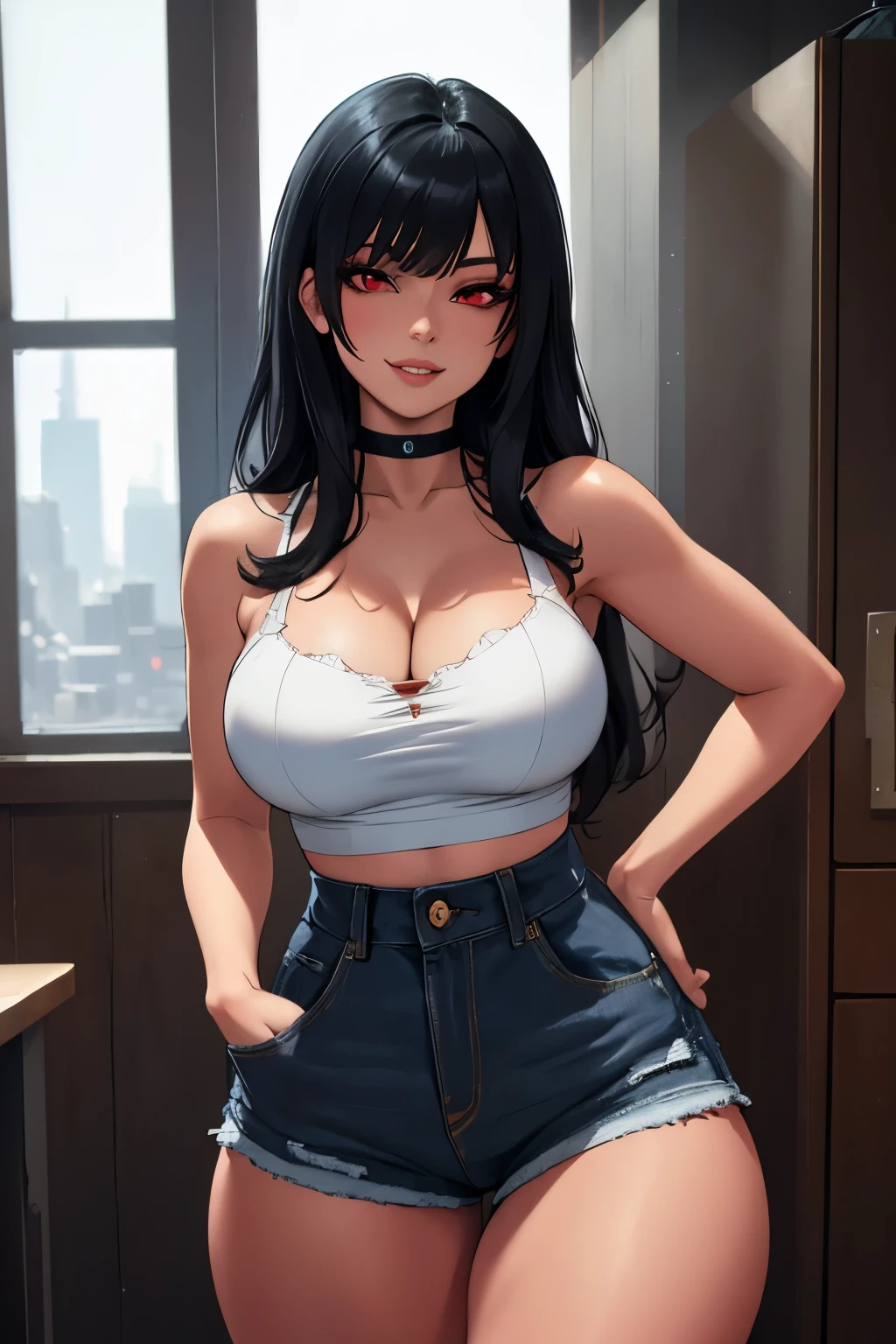 from side.,thighs angle,straight-on,standing,arms behind back,Realistic,(UHD), ((Highest quality, Very delicate and beautiful, High resolution)),(hyper digital),(cute:1),(One girl:1.3), faint lips,Tifa_Lockhart, red eyes,, Black mini skirt, Tank top,suspenders, Black Hair, Long Hair, Elbow hand pockets, Beautiful and detailed red eyes, Face Light, belly button, High exposure, abdomen,abs,, high expose one's stomach.rib, Abdominal muscles, (big breasts:1),beautiful,(smile,).(mediumshot),hands in hair,sharp focus,(cinematic lighting,professional lighting),sunset is indoor,gamma,