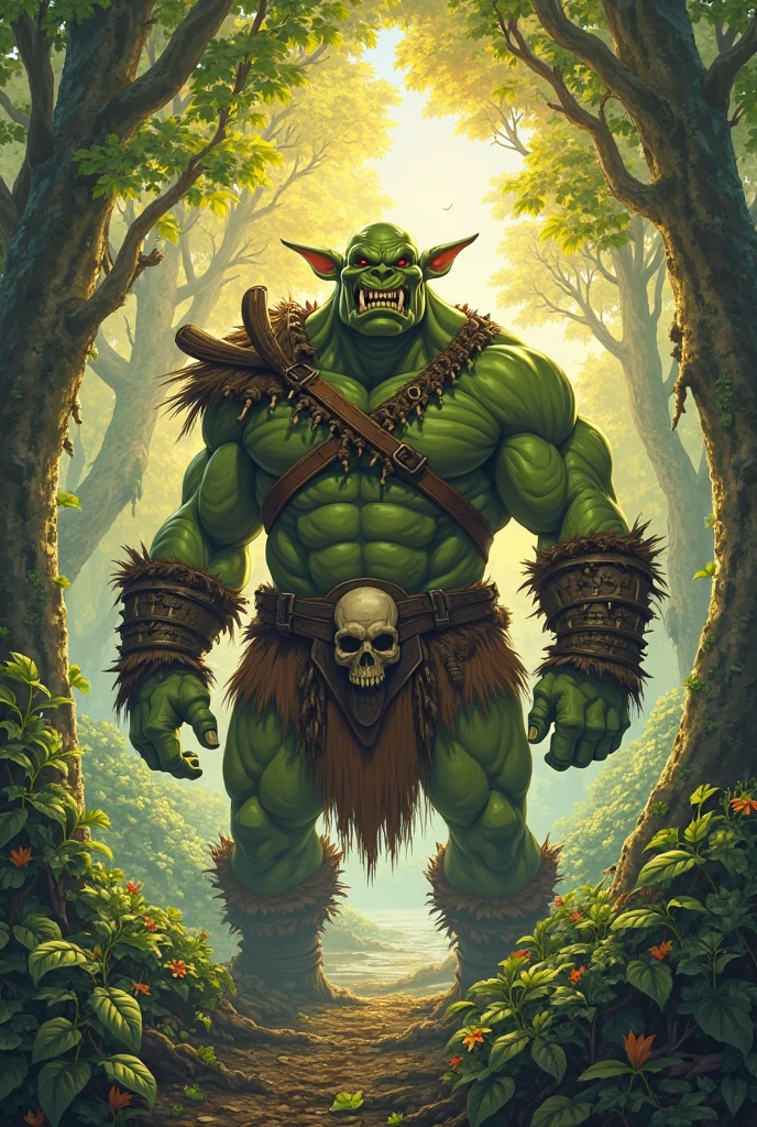 A green ogre, with muscular physique and large tusks sticking out of its mouth, is seen in an aggressive posture, swinging a heavy iron chain furiously. The ogre is wearing ragged clothes and its skin is wrinkled and filled with warts. Its eyes are shining bright yellow, a stark contrast to its otherwise dark and daunting appearance. The background is a misty forest, hinting at the twilight time, and the foliage is dense and eerie. The scene creates a sense of danger and intimidation.