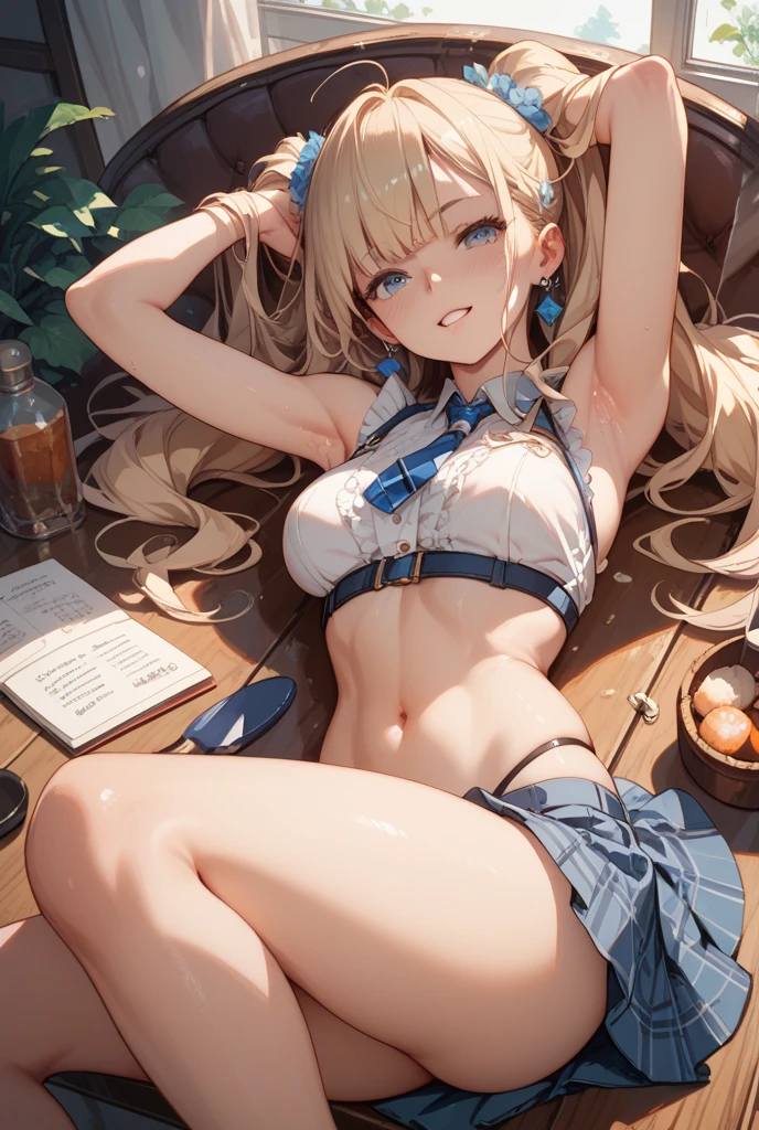 1 lady, HD quality, anime, solo, cowboy shot, beautiful detailed face, (sitting with hands back:1.3), (open legs to limit:1.3), (with one knee up:1.3), (showing pubic area:1.6), (under boob:1.5), (Large breasts), (cleavage), shiny skin, (oiled skin:1.5), smiling, (thin thighs:1.8), (Sailor uniform only for the upper body:1.5), (Crop Top sheer white shirt:1.5), (sleeveless:1.6), without brassiere, (sheer white tiny micro thong:1.5), poolside, (Green detailed eyes), blue sailor collar, high-heeled shoes, red ribbon tie