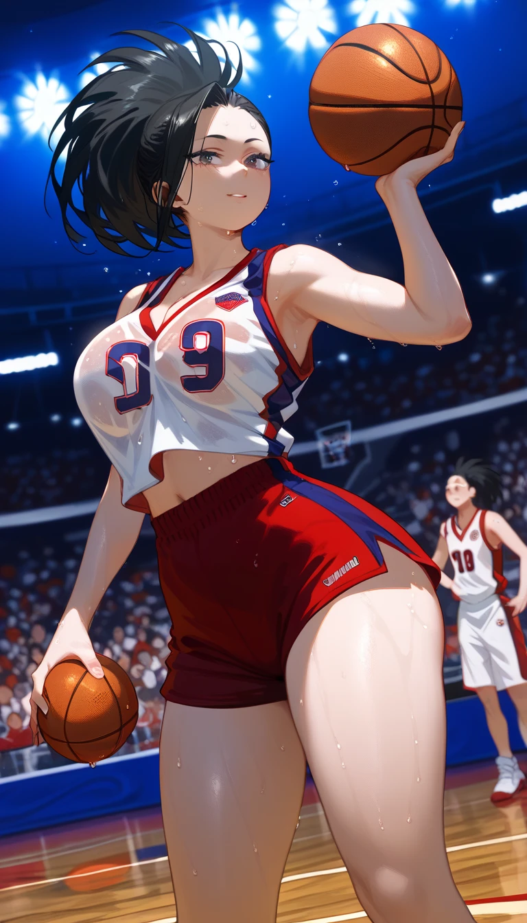 1female，35yo，A MILF，plumw，extremely large bosom， 独奏，（Background with：，Spectacular views，basketball playground）， She has very short black hair，bobo head，Station，，seen from the front， hair straight， mostly cloudy sky，（（（tmasterpiece），（Very detailed CG unity 8K wallpaper），best qualtiy，cinmatic lighting，detailed back ground，beatiful detailed eyes，Bright pupils，Blue eyes，（Very fine and beautiful），（Beautiful and detailed eye description），ultra - detailed，tmasterpiece，））Redlip，facing at camera，A high resolution，ultra - detailed），Camel toes，Desire for dissatisfaction，frontage，Chinese basketball player，（Wearing：Bikini tracksuit，Bare genitalia，Bare breasts，Bare）